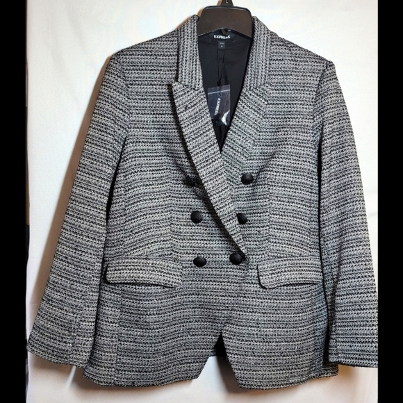 EXPRESS BLAZER L BLACK WHITE TEXTURED METALLIC DOUBLE BREASTED NOVELTY BUTTON